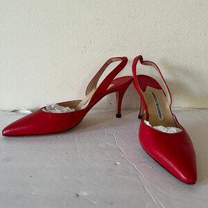 90'S VINTAGE MANOLO BLAHNIK CAROLYNE KITTN HEEL SLINGBACK PUMP SZ 36.5 / 6.5 RED